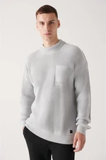 Avva Men's Gray Crew Neck Pocket Detailed Cotton Loose Comfort Fit Relaxed Cut Knitwear Sweater