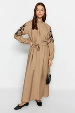 Trendyol Beige Belted Embroidery Detail Wide Fit Woven Linen Look Dress