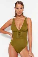 Trendyol Khaki V-Neck Accessorized Regular Leg Swimsuit