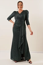 By Saygı Three Quarter-Centural Voluminous Sleeves Lined Long Evening Dress, Plus Size.