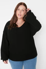 Trendyol Curve Black V-Neck Off Shoulder Knitwear Sweater