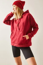 XHAN Claret Red Kangaroo Pocket & Hooded Fleece Sweatshirt