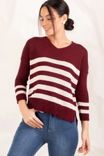 armonika Women's Claret Red V-Neck Striped Short Front Sweater