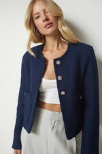 Happiness İstanbul Women's Navy Blue Buttoned Tweed Jacket