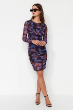 Trendyol Purple Limited Edition Printed Mini Tulle Knitting Dress, Fitted with Lining