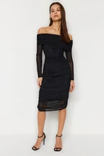 Trendyol Black Tulle Ruffle/Drape Detailed Fitted Carmen Neck Midi Knitted Pencil Stretchy Dress