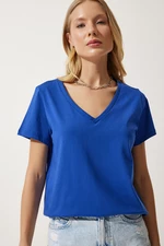 Happiness İstanbul Women's Blue V-Neck Basic Knitted T-Shirt