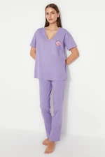 Trendyol Lilac 100% Cotton Printed, Pocket Detailed, Wide Fit T-shirt-Set Pants, Knitted Pajamas.