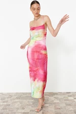 Trendyol Limited Edition Pink Printed Fitted Midi Strap Stretchy Knitted Pencil Dress