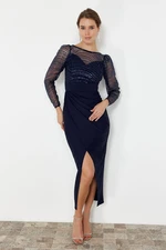 Trendyol Navy Blue Knitted Tulle Elegant Evening Dress