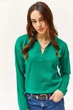 Olalook Women's Emerald Green Polo Neck Fine Knitwear Sweater