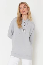 Trendyol Gray Hooded Knitted Sweatshirt with Label Detail on the Front