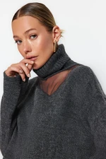 Trendyol Anthracite Soft Textured Tulle Detailed Knitwear Sweater