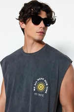Trendyol Anthracite Oversize / Wide Cut Faded Effect Text Print 100% Cotton T-Shirt / Tank Top