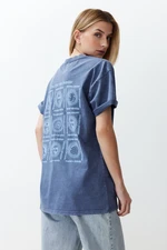 Trendyol Blue Oversize/Wide Fit Galaxy Front and Back Printed Washed Knitted T-Shirt