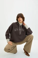 Trendyol Brown Thick Fleece Knitwear Tape Detailed Hooded Knitted Sweatshirt