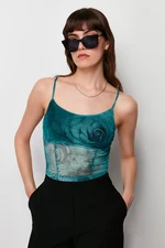 Trendyol Dark Green Patterned Fitted/Sleeping Strap Crop Knitted Blouse