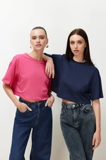 Trendyol Navy Blue-Fuchsia 2-Pack 100% Cotton Relax/Comfort Fit Crop Knitted T-Shirt