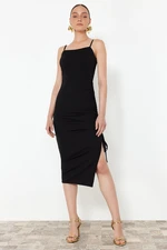 Trendyol Black Fitted Draped Knitted Elegant Evening Dress