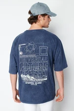 Trendyol Indigo Oversize/Wide Cut Faded Effect Text Printed 100% T-Shirt