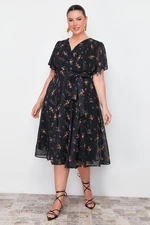 Trendyol Curve Multi Color Floral Pattern Chiffon Double Breasted Woven Dress