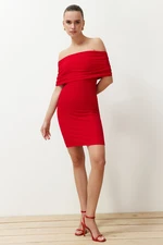 Trendyol Red Fitted Carmen Neckline Ruffle/Textured Knitted Mini Pencil Stretch Dress