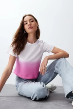 Trendyol Pink 100% Cotton Gradient Transition Comfortable Fit/Crop Knitted T-Shirt