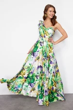 Trendyol Green-Multicolored Floral Single Sleeve Long Evening Dress