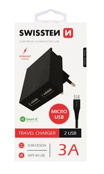 SWISSTEN SÍŤOVÝ ADAPTÉR SMART IC 2x USB 3A POWER + DATOVÝ KABEL USB / MICRO USB 1,2 M, ČERNÁ