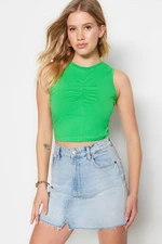 Trendyol Green Shirred Detail Fitted/Simple Crop Crew Neck Stretchy Cotton Knitted Blouse