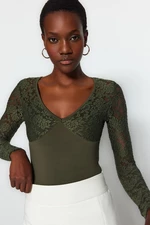 Trendyol Khaki V-Neck Lace Detail, Flexible Knitted Body With Snaps