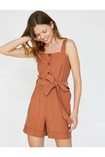 Koton Women's Brown Strap Button Detailed Jumpsuit with Waist Tie and Pocket Detail