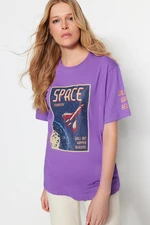 Trendyol Purple 100% Cotton Space Printed Boyfriend Fits Crew Neck Knitted T-Shirt