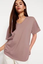 Trendyol Mink 100% Cotton Oversize/Wide Fit V-Neck Knitted T-Shirt