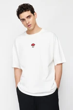 Trendyol Ecru Oversize Mushroom Embroidery 100% Cotton T-Shirt