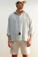 Trendyol Blue Regular Fit 100% Cotton Linen Look Shirt