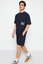 Trendyol Navy Blue Tracksuit Relaxed/Comfortable Cut Text Printed Cotton