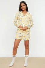 Trendyol Yellow Rabbit Pattern Viscose Shirt-Shorts Woven Pajamas Set