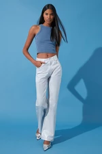 Trendyol biele lesklé metalické potlačené džínsy s vysokým pásom a širokými nohavicami