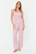 Trendyol Powder Cotton Striped Lace Detailed Rope Strap Knitted Pajama Set