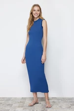 Trendyol Indigo Ruffle Detailed Ribbed Fitted Midi Smart Flexible Knitted Pencil Dress