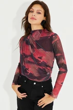 Cool & Sexy Women's Burgundy Shirred Lined Tulle Blouse