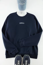 Trendyol Navy Blue Oversize/Wide Cut Brooklyn City Text Embroidered Thick Cotton Sweatshirt