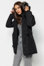 Trendyol Black Fur Coat with Hooded Belt and Water-Repellent Parka