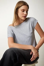 Happiness İstanbul Women's Gray Boat Neck Basic Blouse