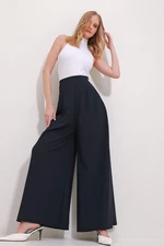 Trend Alaçatı Stili Women's Navy Blue High Waist Side Zipper Wide Leg Woven Trousers