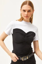 Olalook Women's Black and White Lycra Draped Detail Lycra Blouse