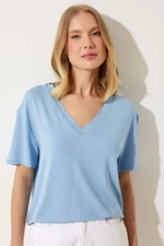 Happiness İstanbul Women's Sky Blue V-Neck Basic Viscose Knitted T-Shirt
