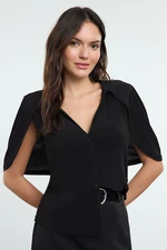 Trendyol Black Regular/Normal Fit Three Quarter Sleeve Cloak Detailed Buttoned Knitted Blouse