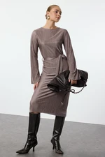 Trendyol Mink Premium Pleat Fabric Flare Sleeve Detailed A-Line Midi Knitted Dress